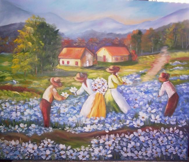 Painting titled "Colheita de flores…" by Regina Schwingel, Original Artwork