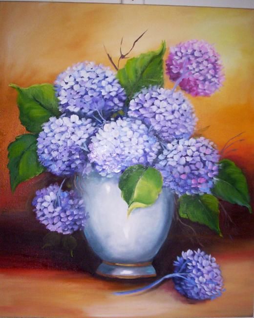 Peinture intitulée "VASO DE HORTENSIAS" par Regina Schwingel, Œuvre d'art originale