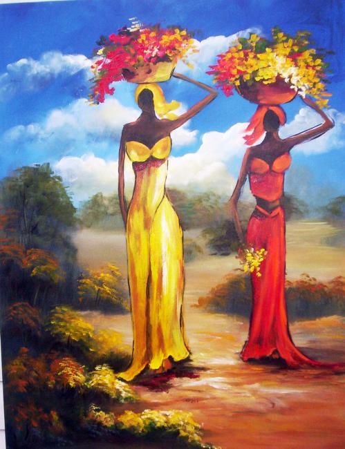 Pintura intitulada "AFRICANAS FLORISTAS" por Regina Schwingel, Obras de arte originais