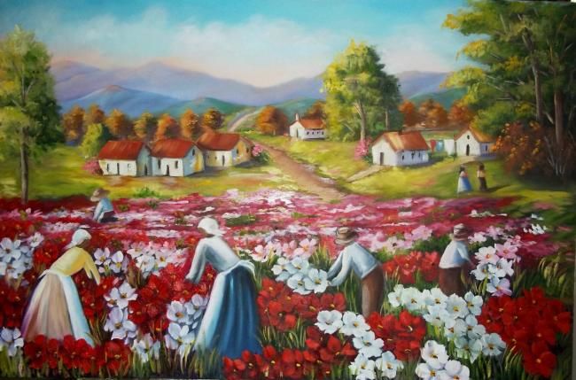 Painting titled "COLHEITA DE FLORES…" by Regina Schwingel, Original Artwork, Oil