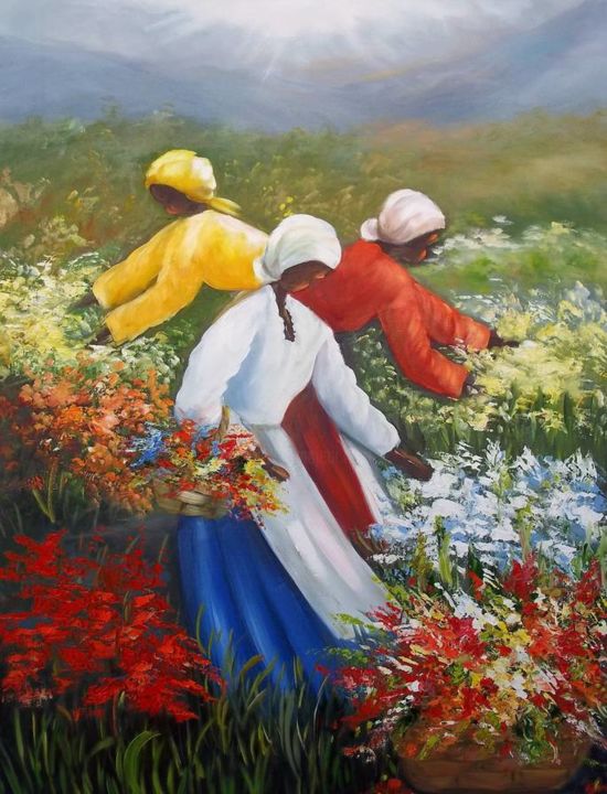 Pintura intitulada "COLHEITA DE FLORES…" por Regina Schwingel, Obras de arte originais, Óleo