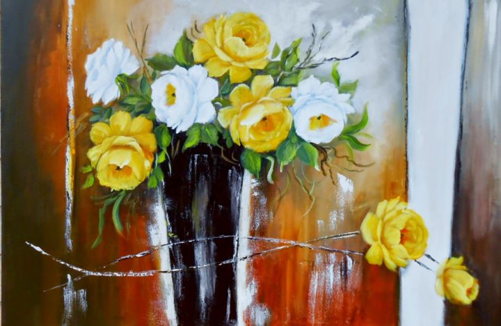 Painting titled "VASO DE ROSAS BRANC…" by Regina Schwingel, Original Artwork, Oil