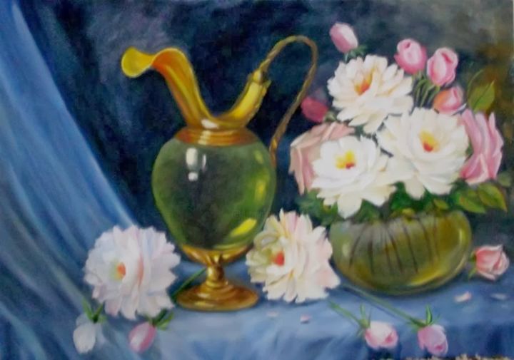 Pintura intitulada "Ânfora e rosas" por Regina Schwingel, Obras de arte originais