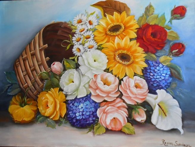 Painting titled "CESTO DE FLORES DIV…" by Regina Schwingel, Original Artwork, Oil Mounted on Wood Stretcher frame