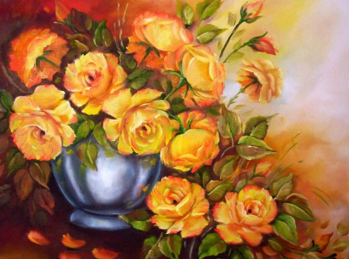 Pintura intitulada "vaso de rosas amare…" por Regina Schwingel, Obras de arte originais