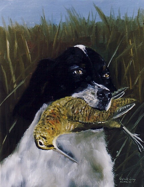Schilderij getiteld "Setter with Woodcock" door Reginald Gray, Origineel Kunstwerk