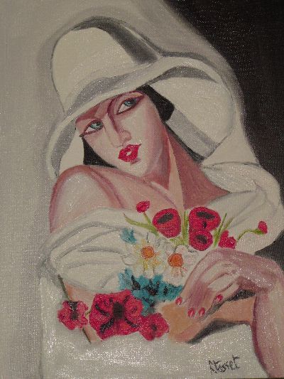 Painting titled "fille au bouquet" by Regine Tasset, Original Artwork