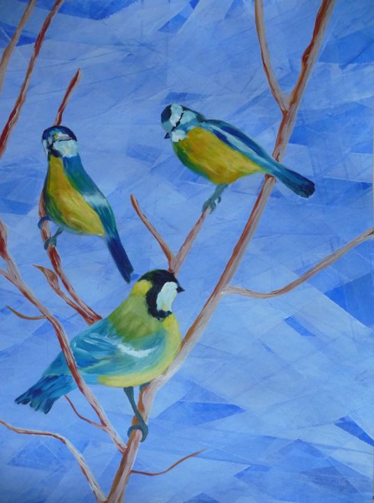Painting titled "oiseaux du jardin" by Régine Ledanois, Original Artwork, Acrylic