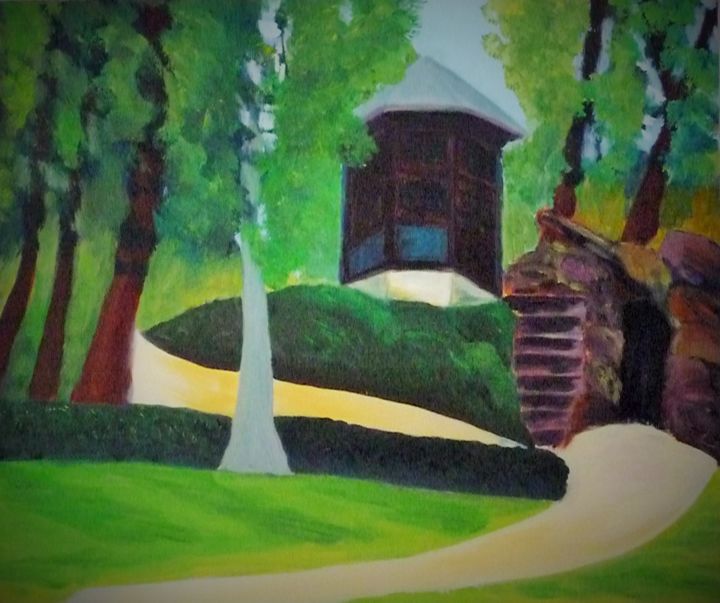 Peinture intitulée "le kiosque du Parc…" par Régine Ledanois, Œuvre d'art originale, Huile