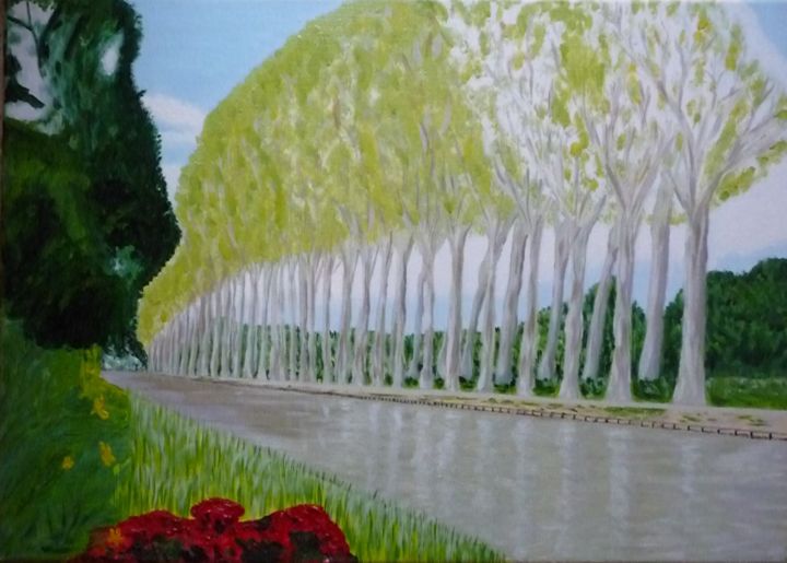 Malerei mit dem Titel "canal du midi au pr…" von Régine Ledanois, Original-Kunstwerk, Öl