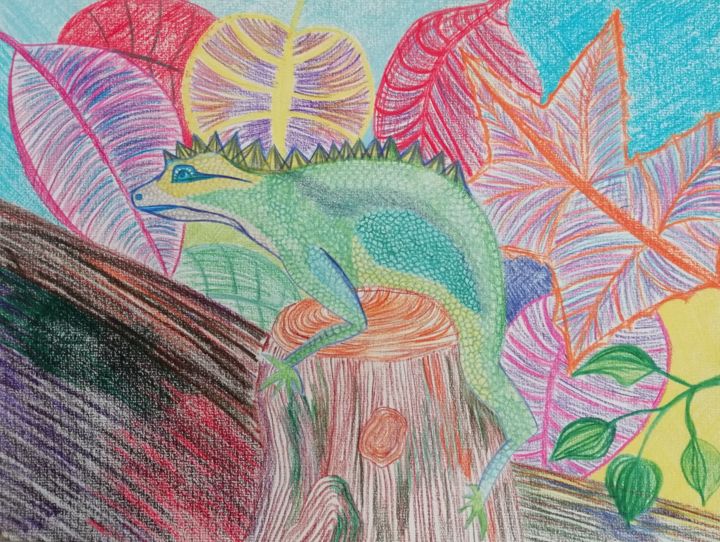 Drawing titled "Caméléon" by Régine Ledanois, Original Artwork