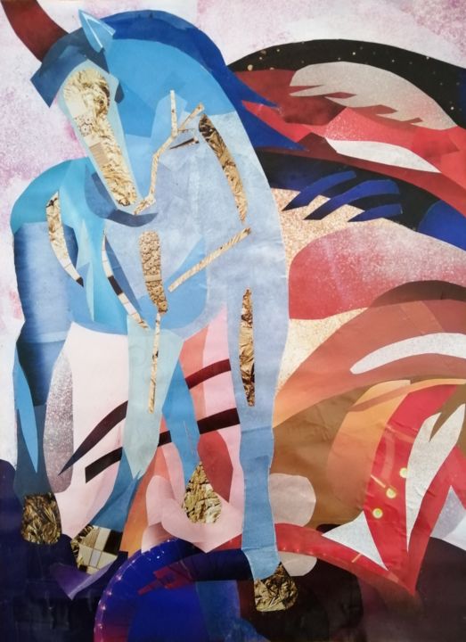 Collages titled "Mon cheval bleu" by Régine Ledanois, Original Artwork, Collages