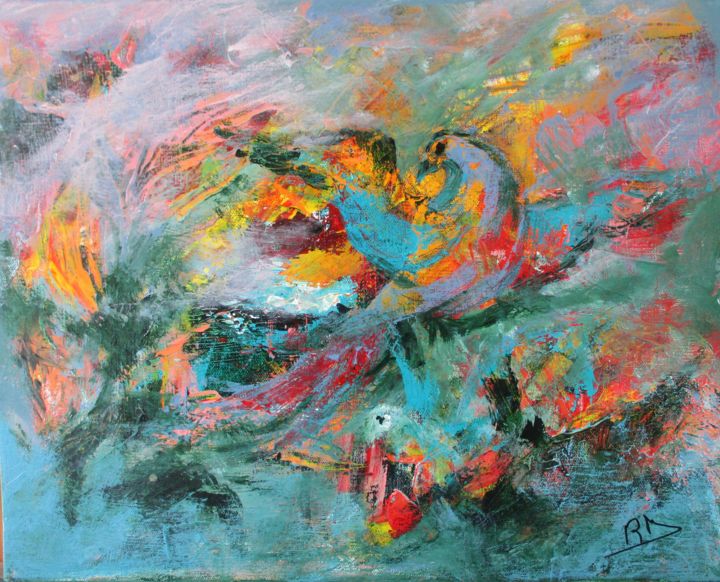 Painting titled "les oiseaux bariolés" by Navema, Original Artwork, Acrylic Mounted on Wood Stretcher frame