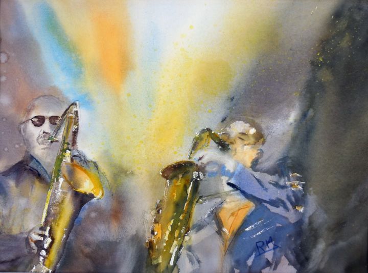Painting titled "Scène de jazz I" by Navema, Original Artwork, Watercolor