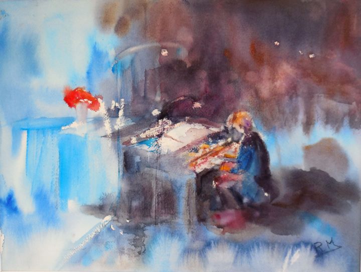 Malerei mit dem Titel "Le Pianiste au bouq…" von Navema, Original-Kunstwerk, Aquarell Auf Andere starre Platte montiert