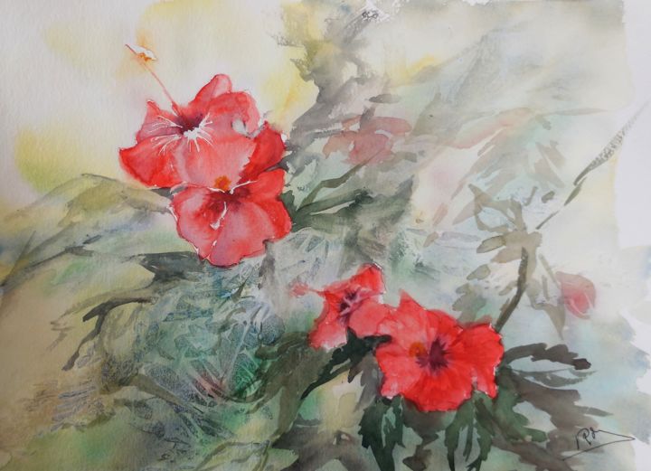Картина под названием "Les hibiscus" - Navema, Подлинное произведение искусства, Акварель