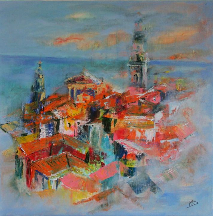 Painting titled "les Toits de Menton…" by Navema, Original Artwork, Acrylic Mounted on Wood Stretcher frame