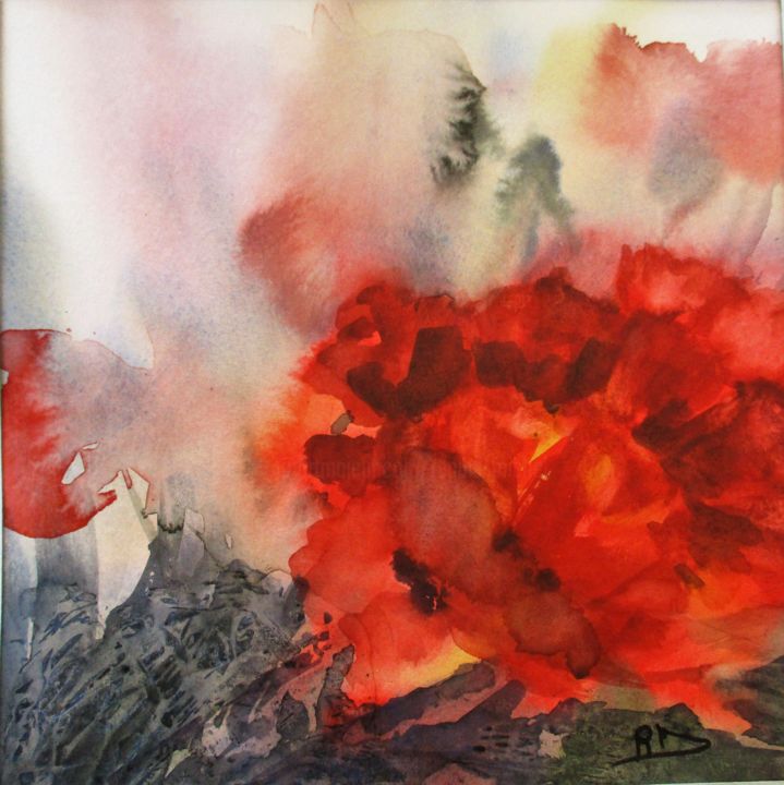 Painting titled "Les pavots III" by Navema, Original Artwork, Watercolor