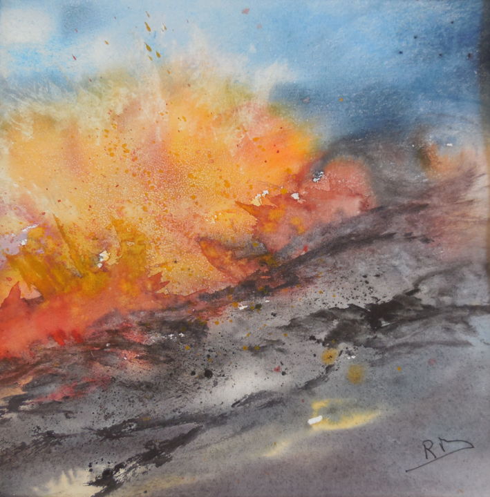 Painting titled "la Fournaise II" by Navema, Original Artwork, Watercolor