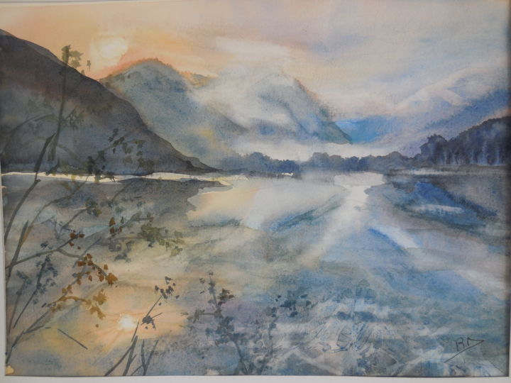 Schilderij getiteld "Lac des Pyrénées" door Navema, Origineel Kunstwerk, Aquarel