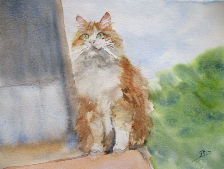 Painting titled "le chat !!!" by Navema, Original Artwork, Watercolor