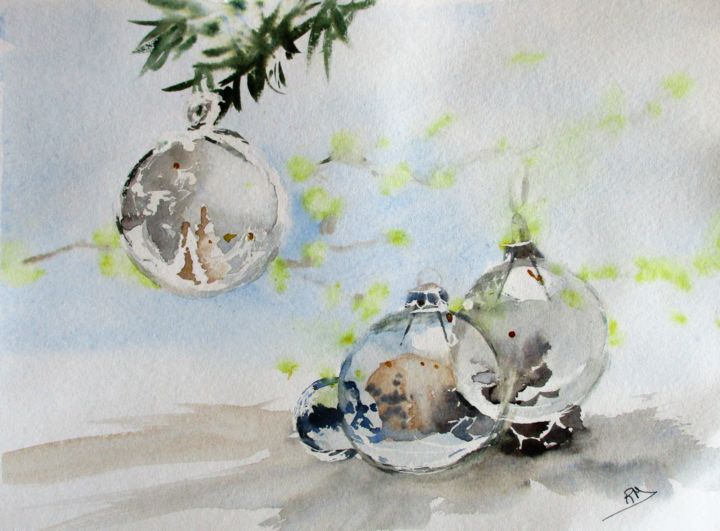Pintura titulada "Boules de Noël tran…" por Navema, Obra de arte original, Acuarela