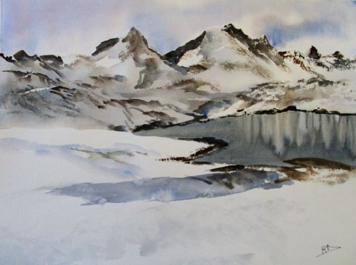 Peinture intitulée "Lac d'Estaens IV" par Navema, Œuvre d'art originale, Aquarelle