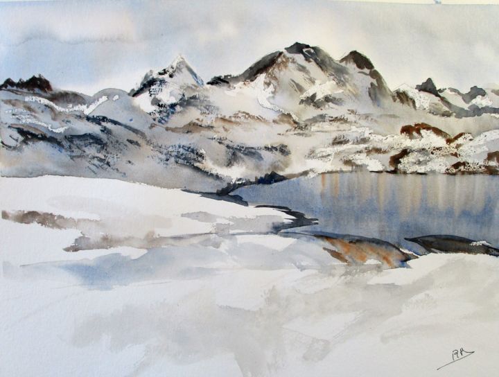 Peinture intitulée "Lac d'Estaens III" par Navema, Œuvre d'art originale, Aquarelle