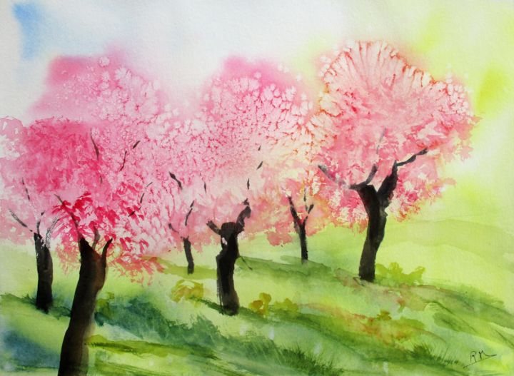 Pintura intitulada "Printemps en fleurs…" por Navema, Obras de arte originais, Aquarela