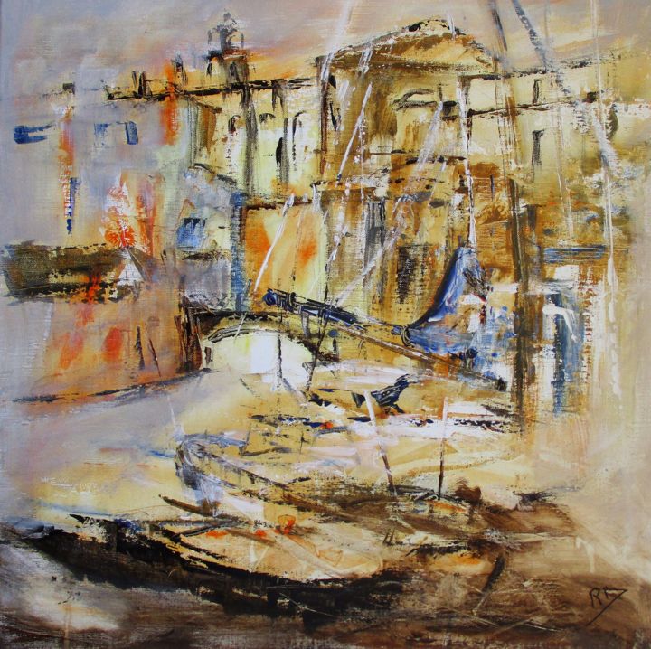 Painting titled "Port de Martigues" by Navema, Original Artwork, Acrylic Mounted on Wood Stretcher frame