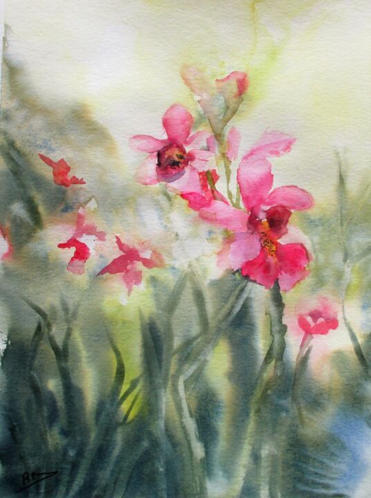 Painting titled "Orchidées sauvages" by Navema, Original Artwork, Watercolor
