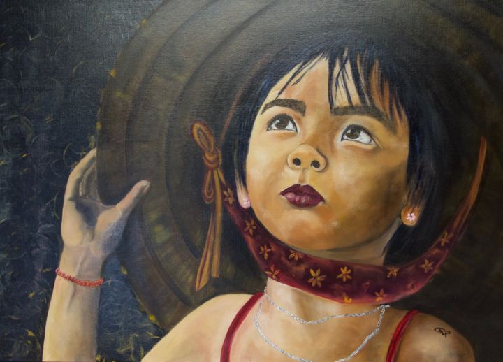 Peinture intitulée ""L'ENFANT AU CHAPEA…" par Régine Peltier, Œuvre d'art originale, Huile