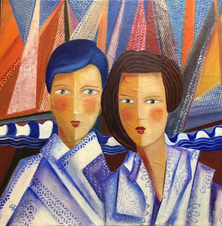 Painting titled "ADOS A LA MER" by Régine Peltier, Original Artwork, Oil Mounted on Wood Stretcher frame