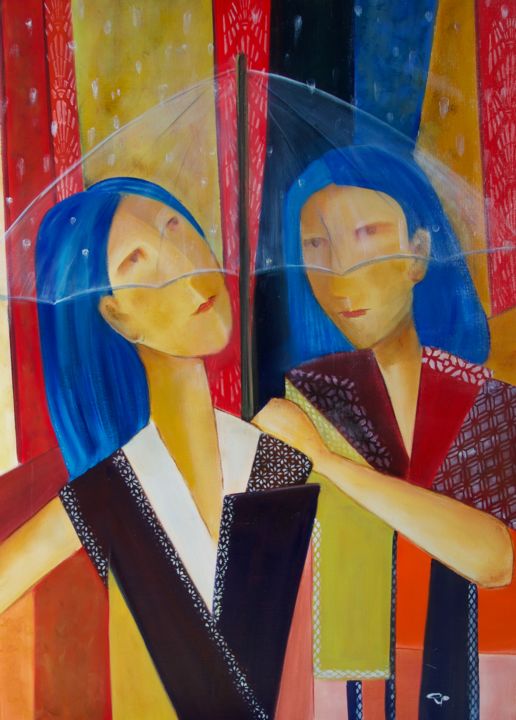 Painting titled "LES AMIS SOUS LE PA…" by Régine Peltier, Original Artwork, Oil