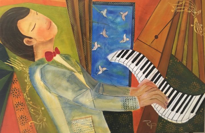 Painting titled "LE PIANO TOUT FOU" by Régine Peltier, Original Artwork, Oil Mounted on Wood Stretcher frame