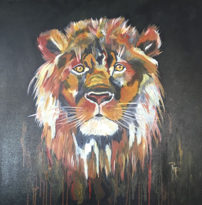 Painting titled "LION" by Régine Peltier, Original Artwork, Oil Mounted on Wood Stretcher frame