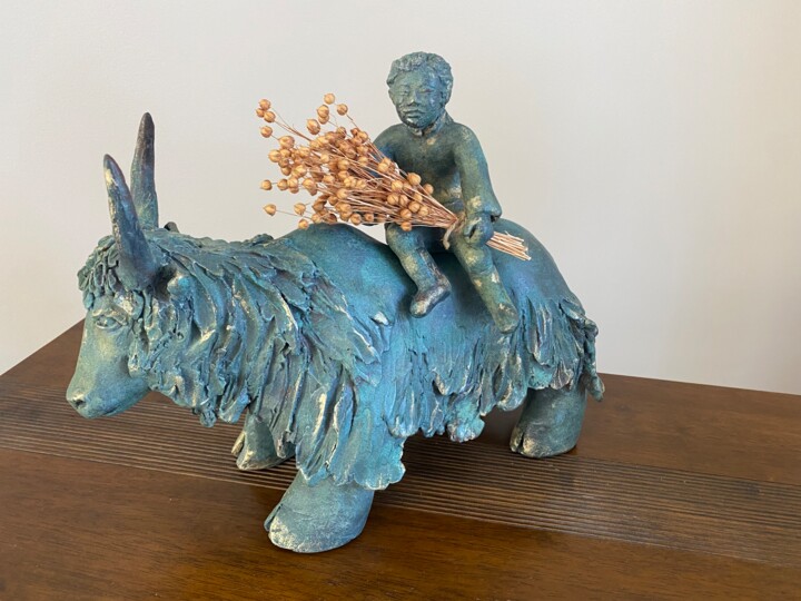 Скульптура под названием "LE YAK ET L ENFANT" - Régine Peltier, Подлинное произведение искусства, Терракота