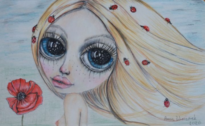 Drawing titled "LadyBugs" by Anna Polish Artist, Original Artwork, Pencil