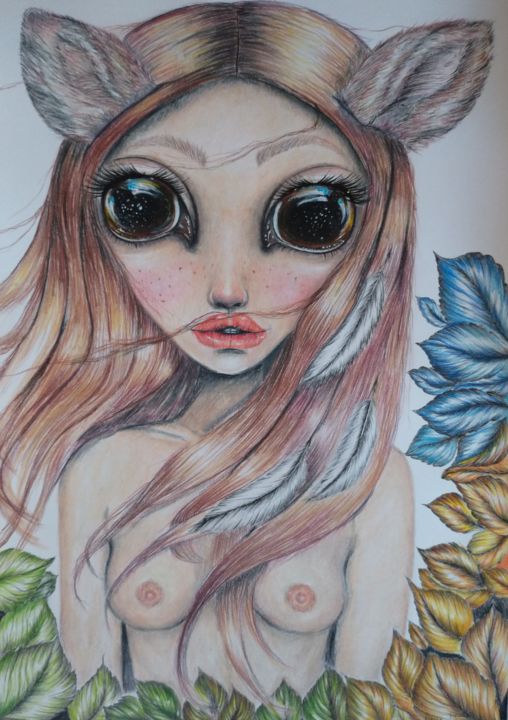 Dessin intitulée "DeerGirl" par Anna Polish Artist, Œuvre d'art originale, Crayon