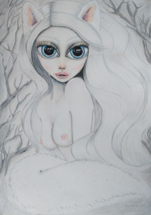 Drawing titled "Wolf Girl" by Anna Polish Artist, Original Artwork, Pencil