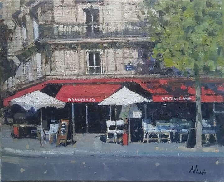 Painting titled "Bistrot" by Régis Pettinari, Original Artwork, Oil Mounted on Wood Stretcher frame