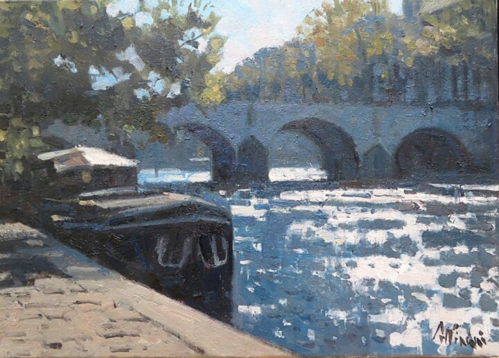 Painting titled "Reflets au Pont Mar…" by Régis Pettinari, Original Artwork, Oil