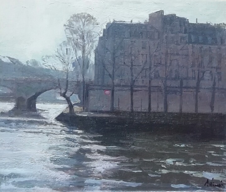 Painting titled "Ile Saint Louis en…" by Régis Pettinari, Original Artwork, Oil Mounted on Other rigid panel