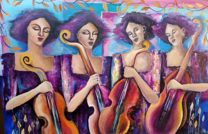 Painting titled "violinists" by Reham Maher, Original Artwork, Acrylic