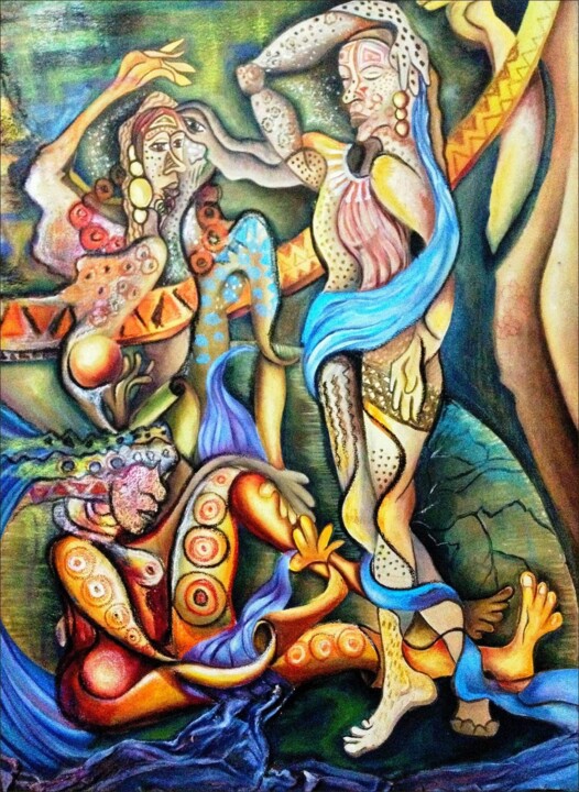 Pintura titulada "نساء راقصات" por Reham Maher, Obra de arte original, Acrílico Montado en Bastidor de camilla de madera