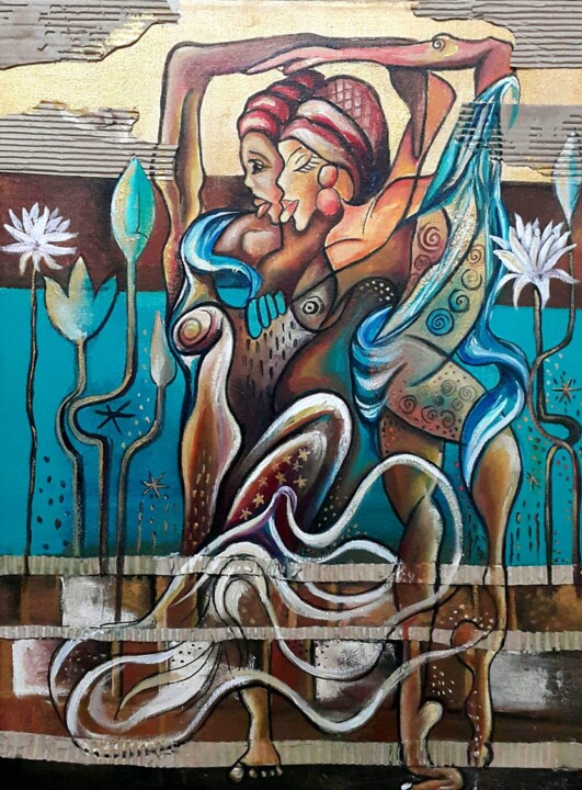 Pintura titulada "نساء على النيل" por Reham Maher, Obra de arte original, Acrílico Montado en Bastidor de camilla de madera