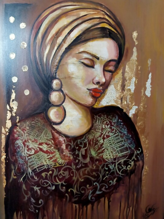 Painting titled "face from the past" by Reham Maher, Original Artwork, Acrylic Mounted on Wood Stretcher frame