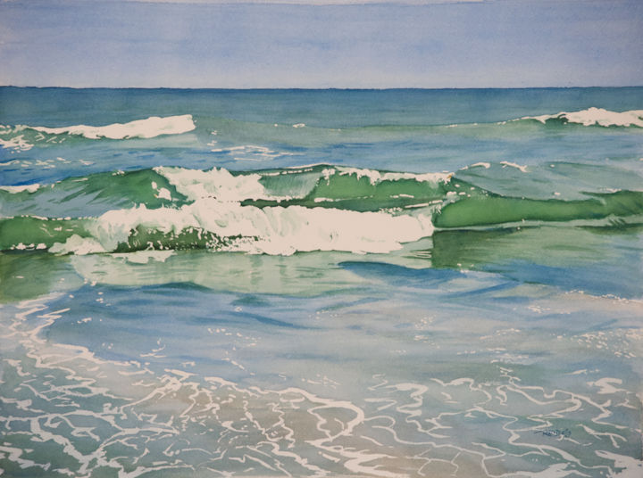 Painting titled "Double Wave" by Reidsart, Original Artwork, Watercolor