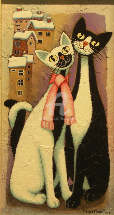 Schilderij getiteld "Cat Couple" door Reijo Malkki, Origineel Kunstwerk, Olie