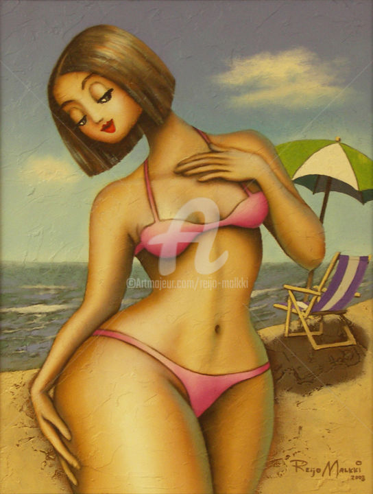 Schilderij getiteld "Woman on the beach" door Reijo Malkki, Origineel Kunstwerk, Olie